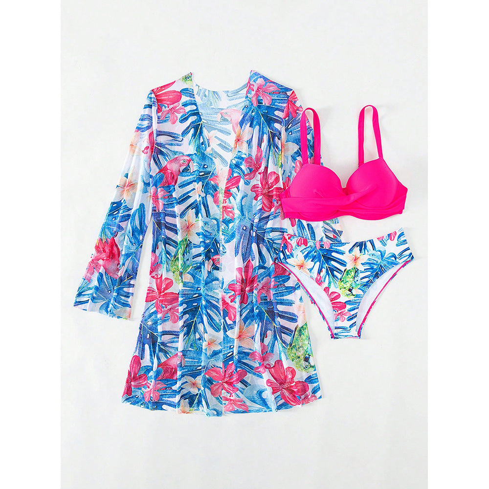 Dame Bikini-sæt med blomster kimono jakke og polstret top Stilla