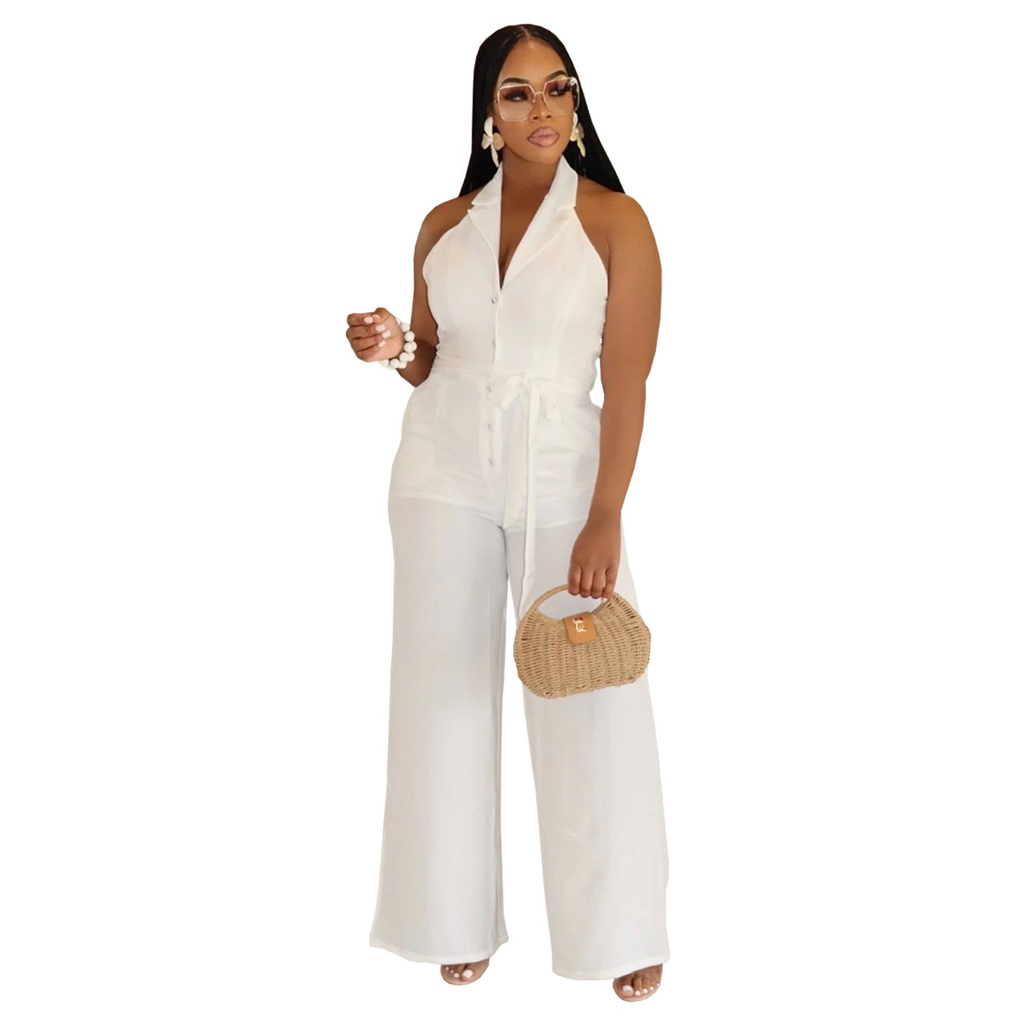 Dame Elegant Halter-Overall med brede ben og taljebælte Stilla