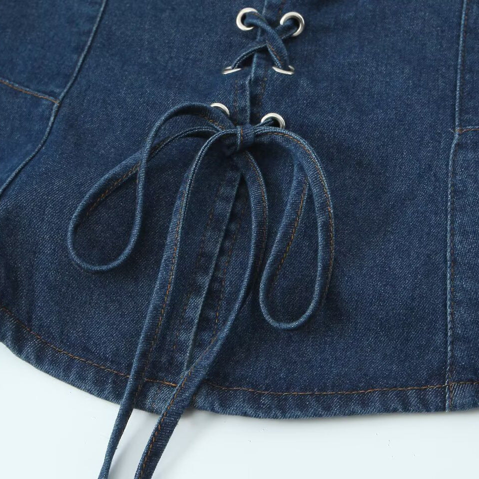 Dame afslappet denim-overdel med snøring og figursyet snit Stilla