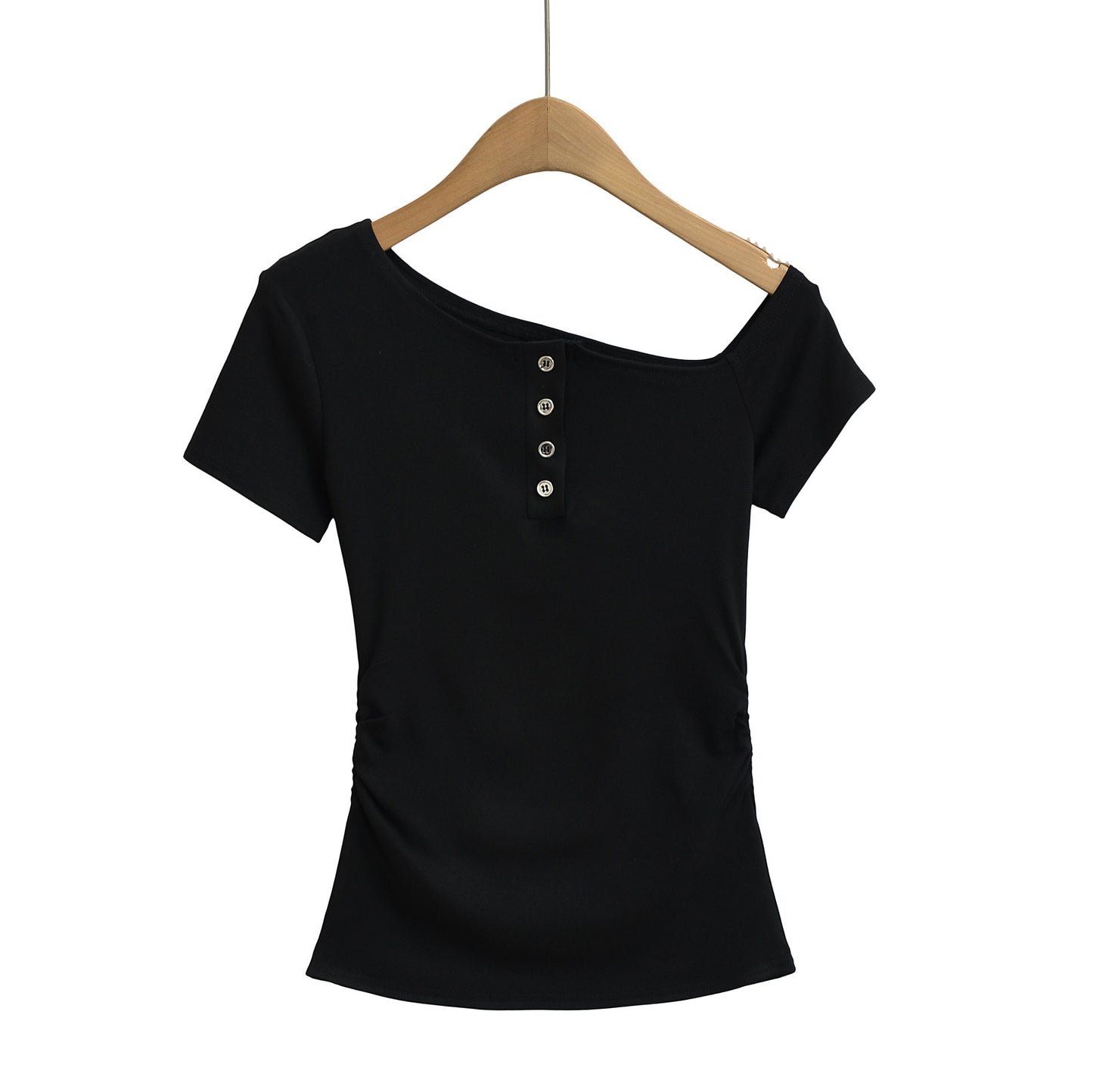 Dame afslappet kortærmet skjorte med asymmetrisk udskæring og knapliste Stilla