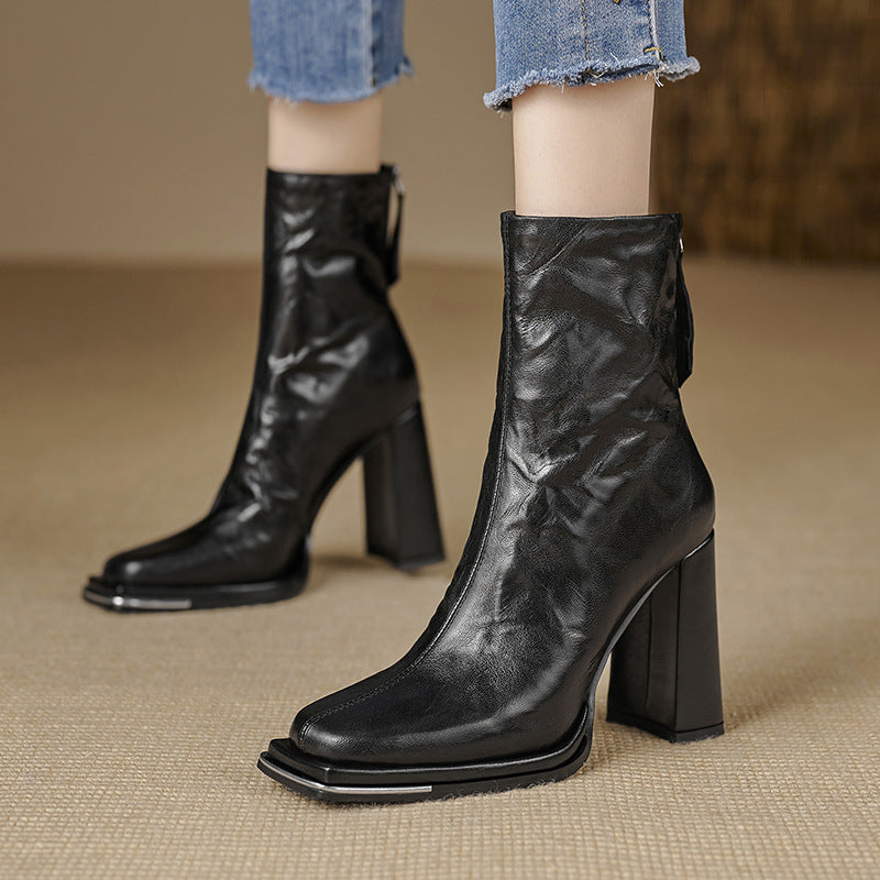 Femme Chunky Heel Læder Ankelstøvler med Lynlås Stilla