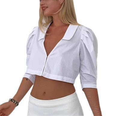 Dame cropped skjorte med voluminøse ærmer og elegant krave Stilla