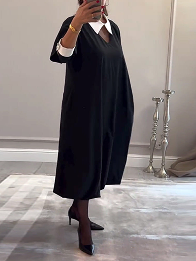 Dame afslappet skjortekjole med moderne V-udskæring og elegante kontrastærmer Stilla