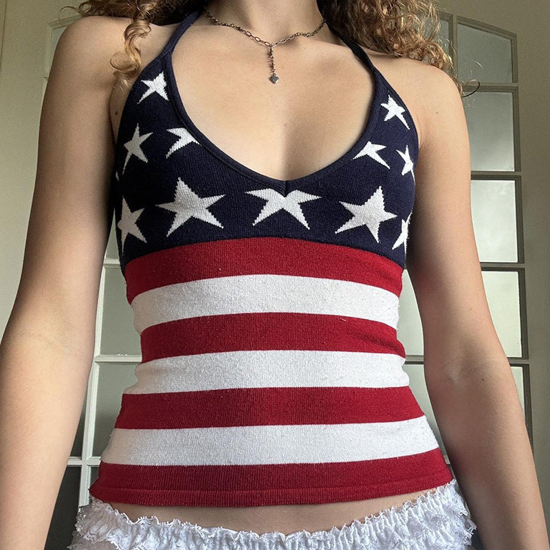 Dame tanktop med amerikansk flagmønster og V-udskæring Stilla