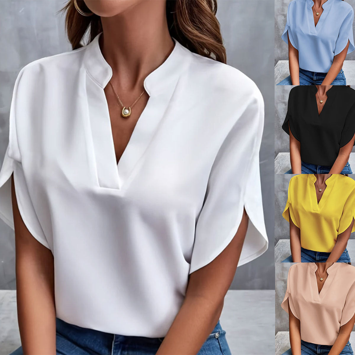 Dame elegant top med moderne sideslids og V-hals Stilla