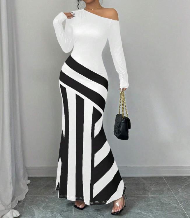 Dame elegant asymmetrisk maxikjole med stribemønster Stilla