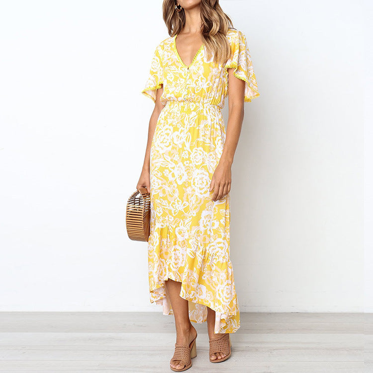 Dame Floral Print Maxi Kjole med Rynkebund Stilla