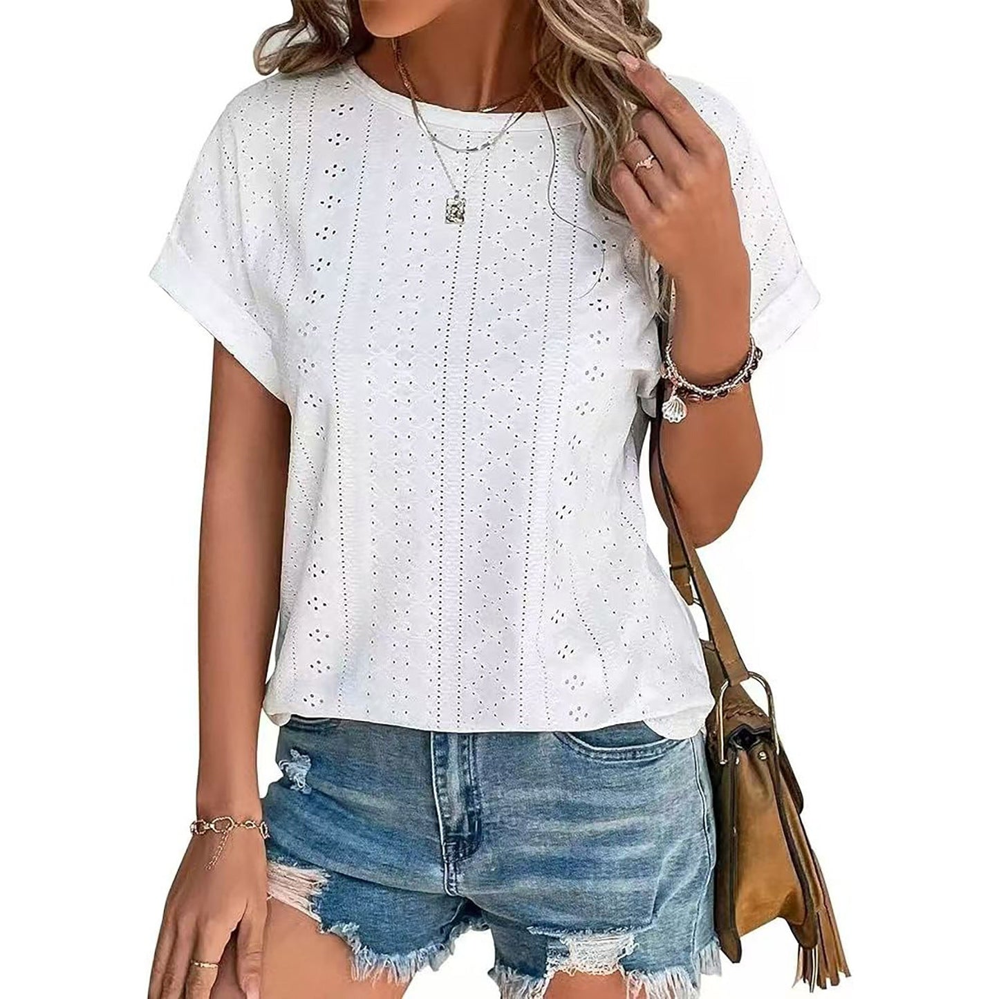 Stilla | Basic Solid Rund Hals Løs Kort Ærme T-shirt