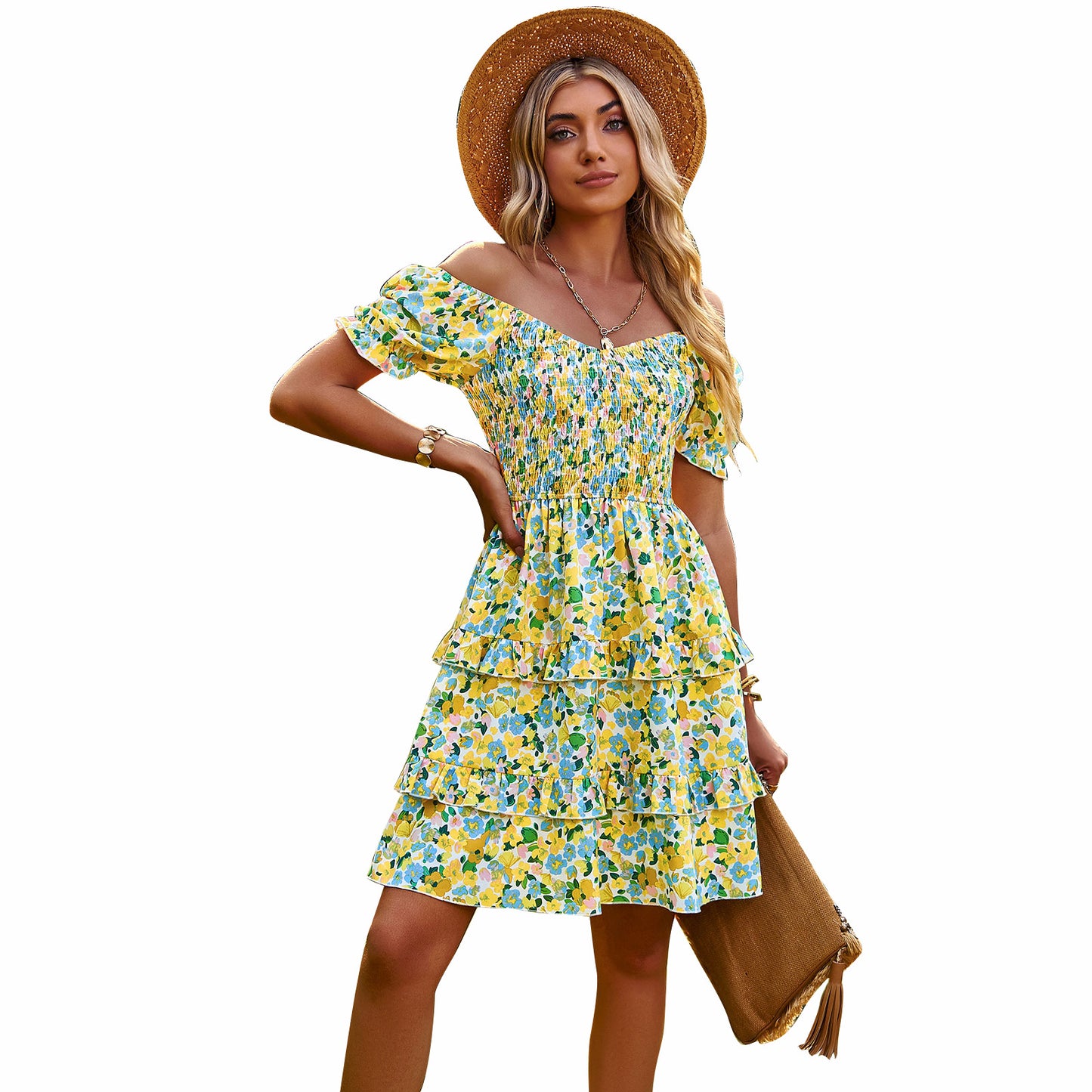 Dame Off-Shoulder Kjole med Ruffle-detaljer og blomster mønstre Stilla