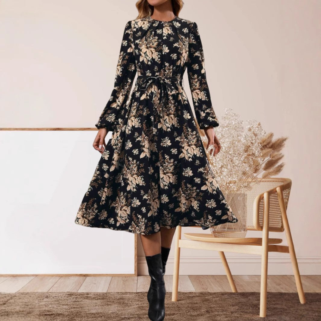 Dame Midi-Kjole med elegant blomstertryk og justerbar talje Stilla