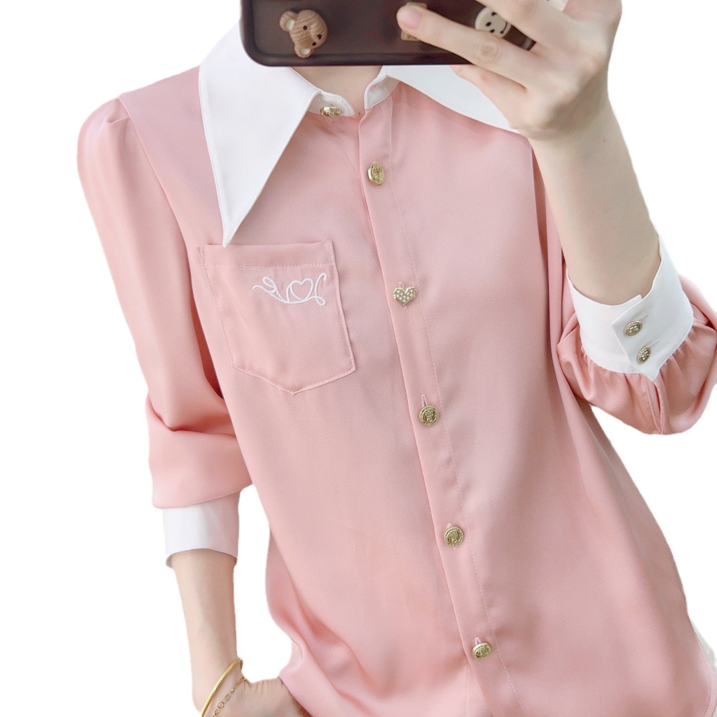 Dame Elegant Bluse med høj kvalitet Krave og dekorative Knapdetaljer Stilla