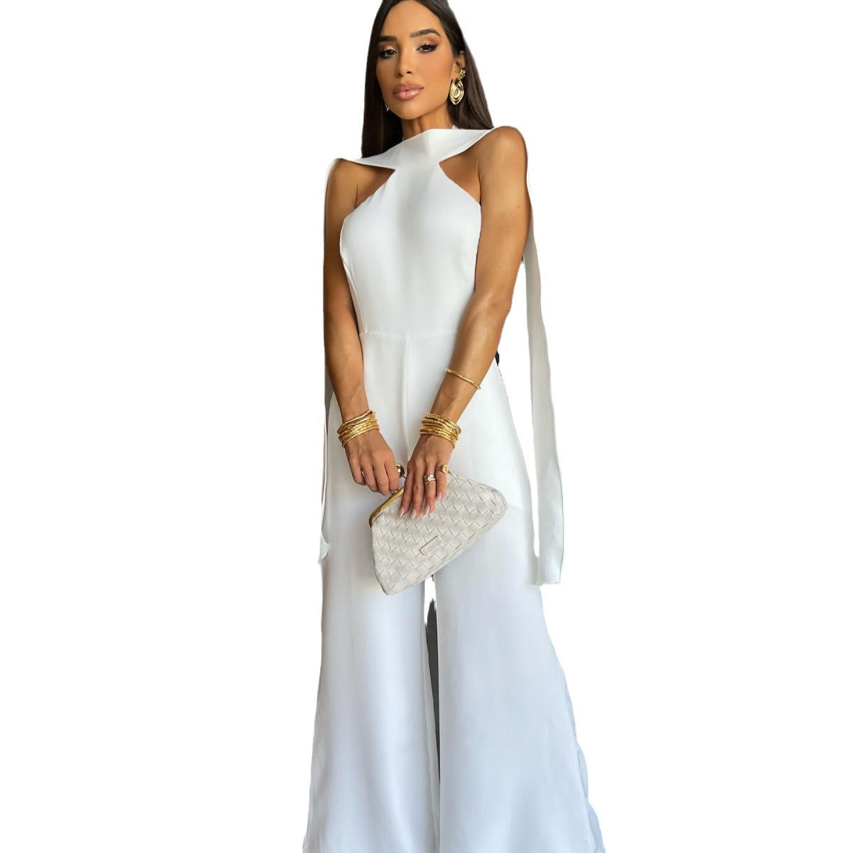 Dame jumpsuit med elegant cape-design og højlukket udskæring Stilla