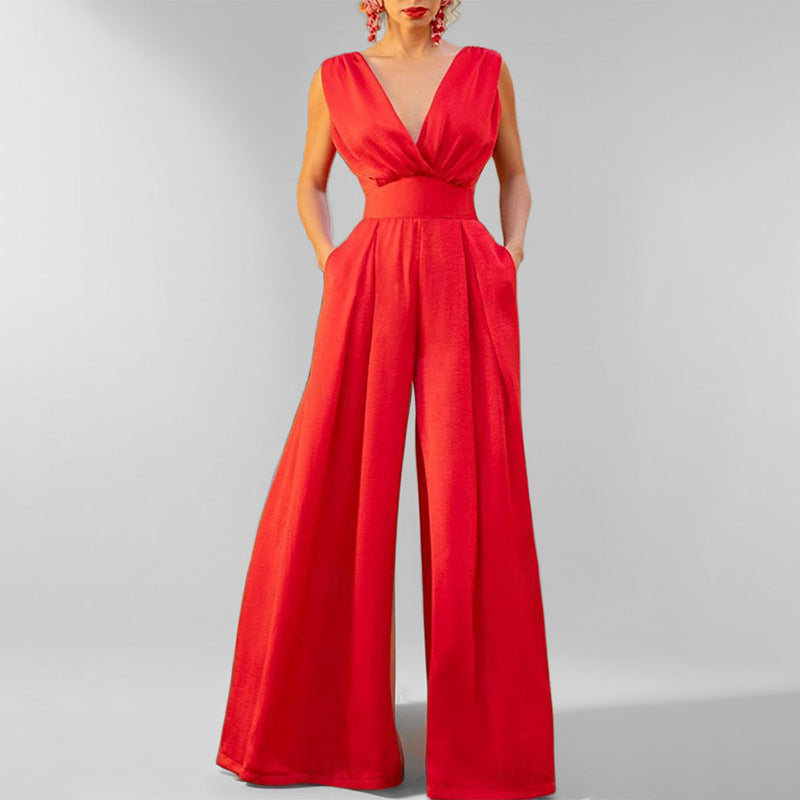 Dame jumpsuit med vidde ben og elegant V-hals Stilla