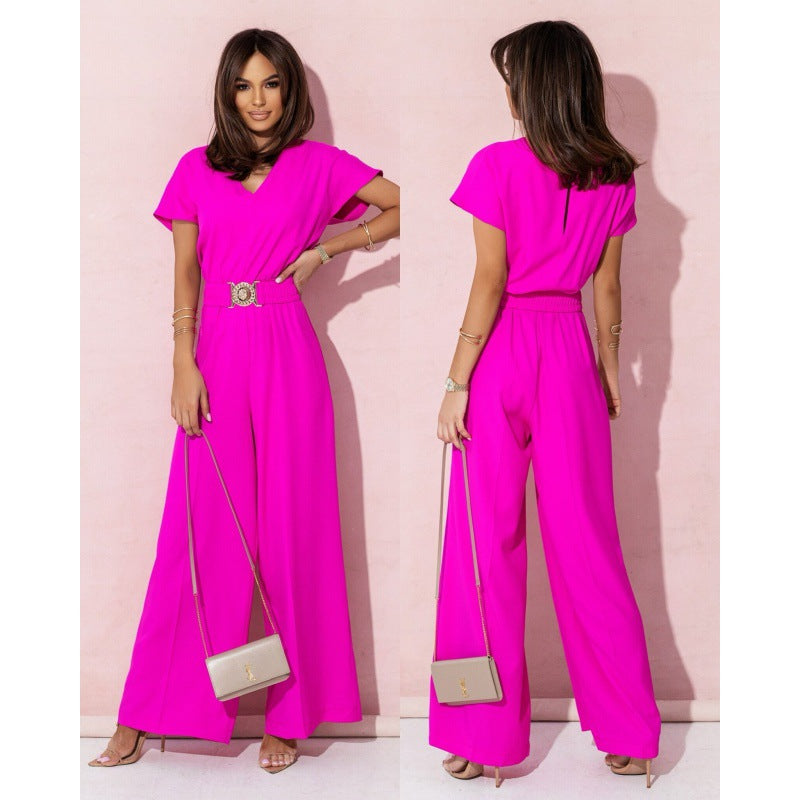 Dame Stylish bredskåret jumpsuit med bælte og V-hals Stilla