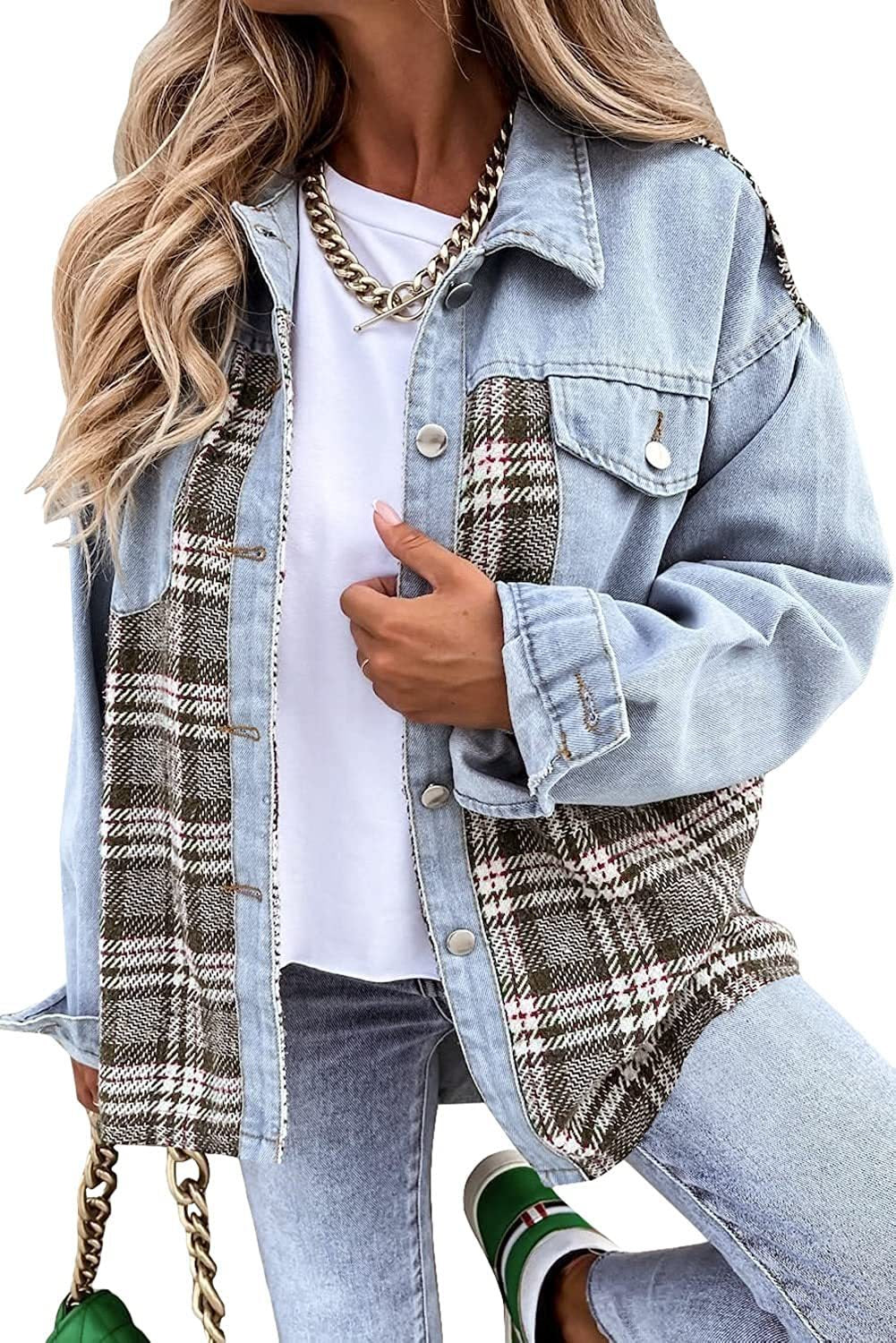 Dame Oversized Jeansjakke med ternet mønster og knapdetaljer Stilla