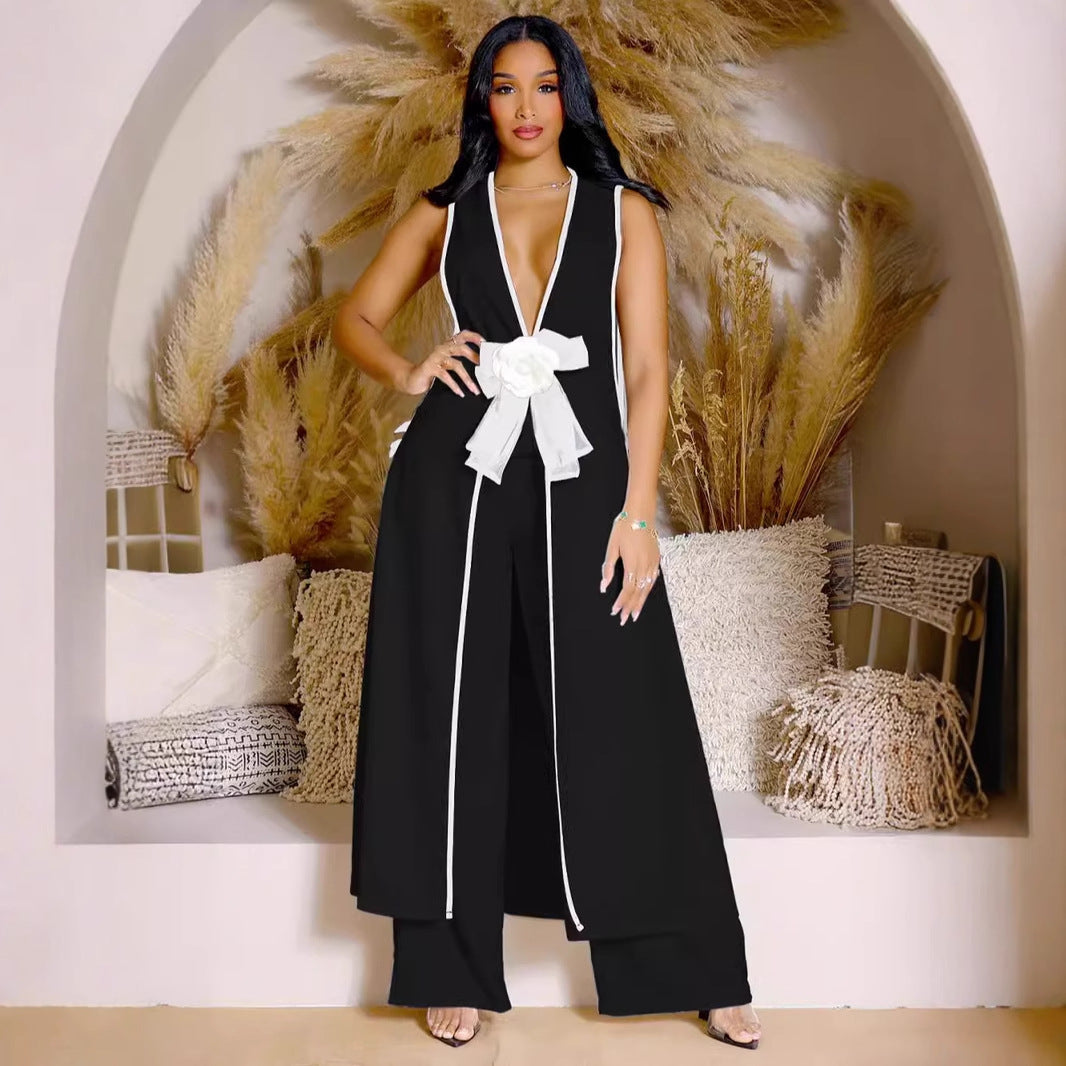 Dame elegant jumpsuit med dyb V-udskæring og sidelæg Stilla