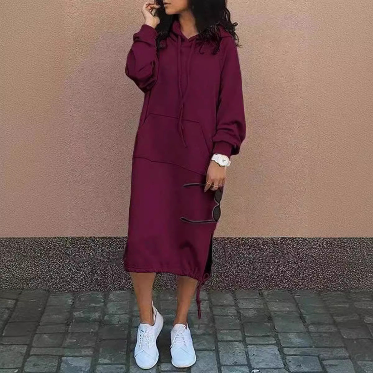 Dame Casual Hoodie Kjole med justerbar snøre-bund Stilla