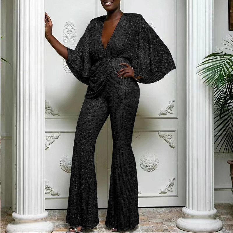 Dame Glamourøs Jumpsuit med funklende Palietter og bredt Ben Stilla