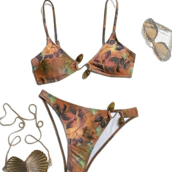Dame triangel-bikini med justerbare stropper og unikt naturmønster Stilla