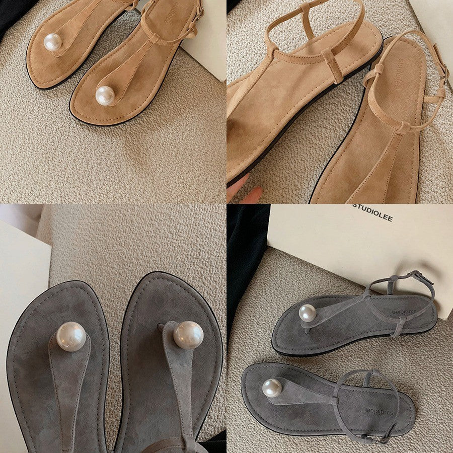 Dame perleprydede T-strop flade sandaler Stilla