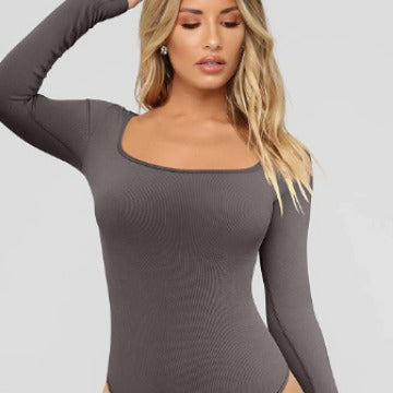 Dame figurtilpasset langærmet bodystocking med firkantet udskæring og høj benudskæring Stilla