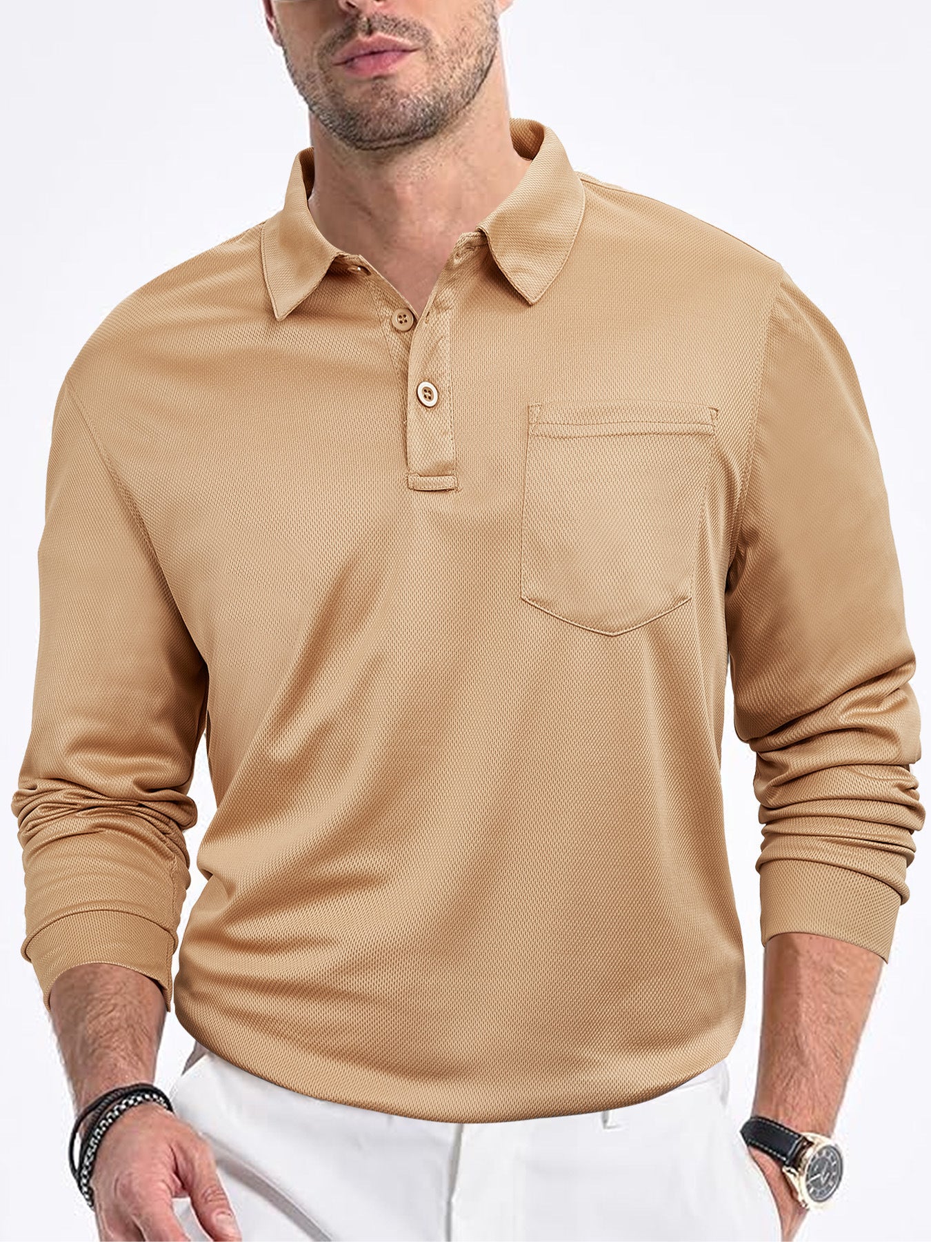 Herrer langærmet poloshirt med struktureret stof og praktisk brystlomme Stilla