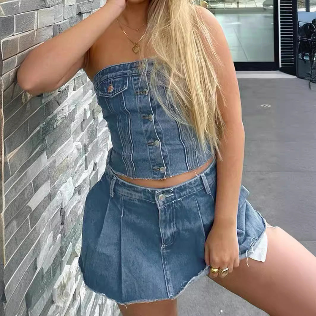 Dame afslappet cropped jeansjakke med strikket oversized ærme Stilla