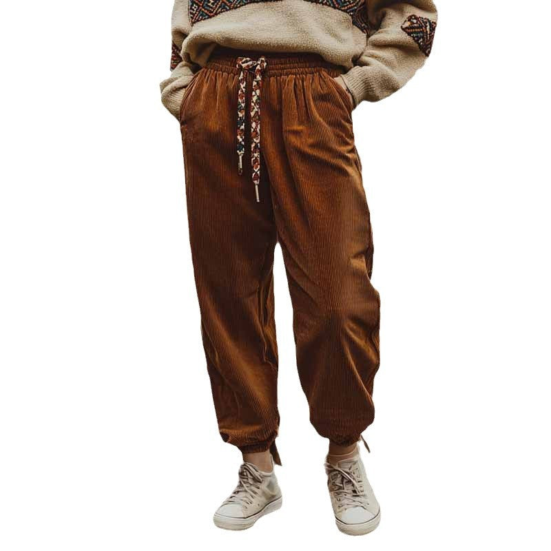 Dame afslappede cordbukser med elastisk liv og farverige snørebånd Stilla