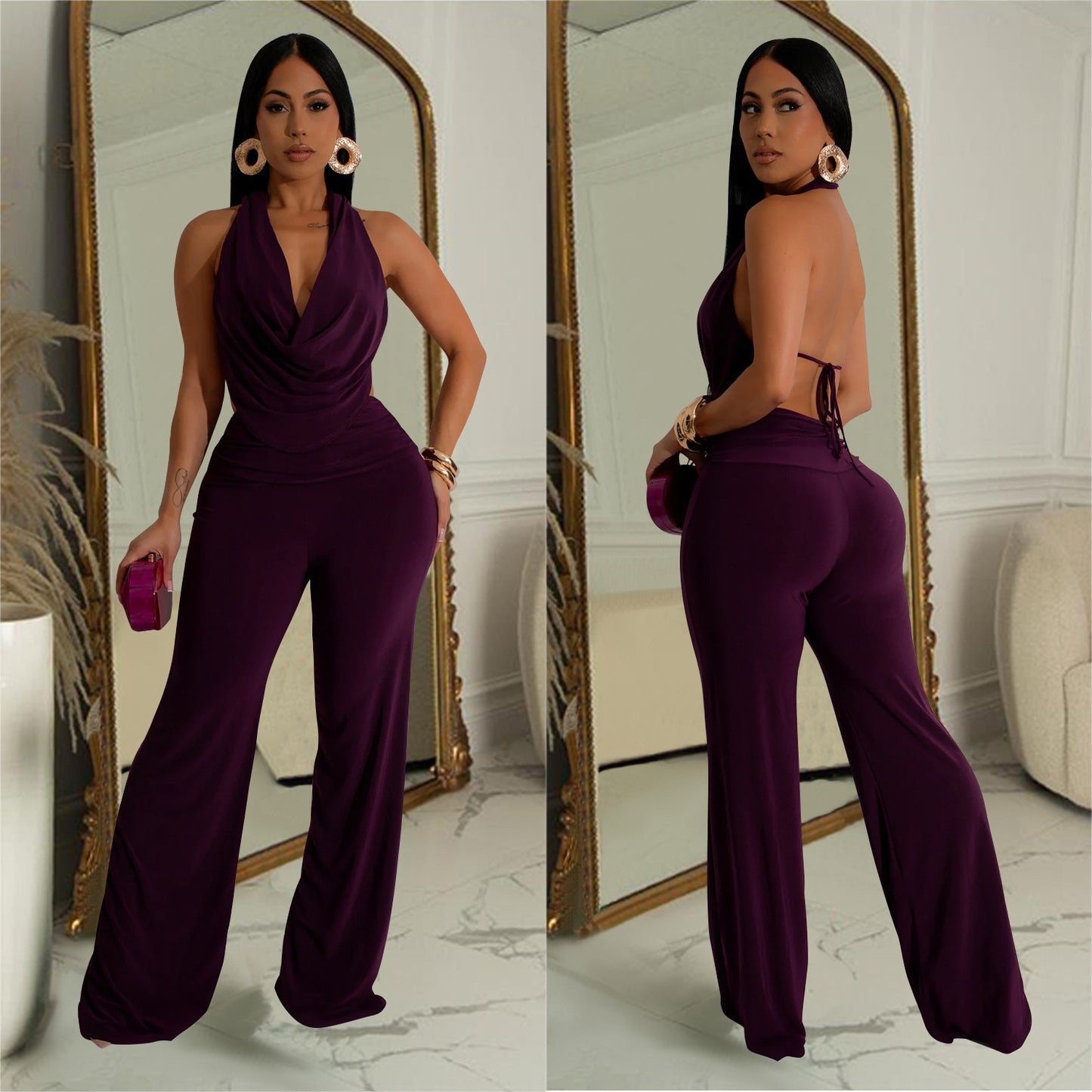 Dame Elegant Jumpsuit med dyb V-udskæring og flydende materiale Stilla