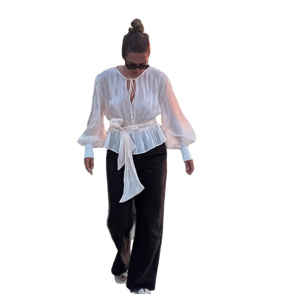 Dame elegant bluse med voluminøse ærmer og til at binde Stilla