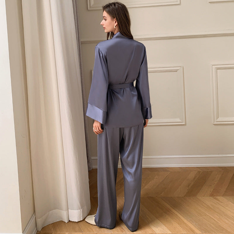 Dame Satin nattøj med elegant kimono-overdel og brede bukser Stilla