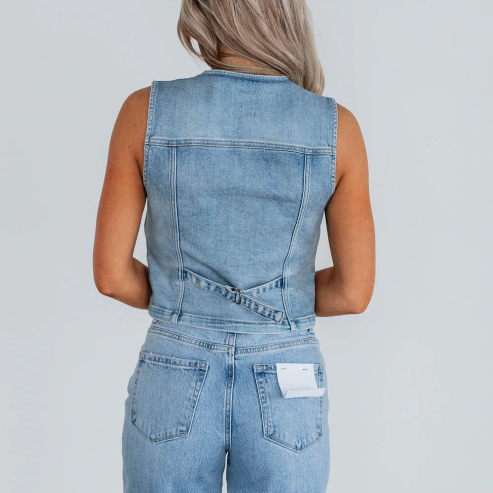 Dame Denim Vest med knaplukning og moderne skærramme Stilla