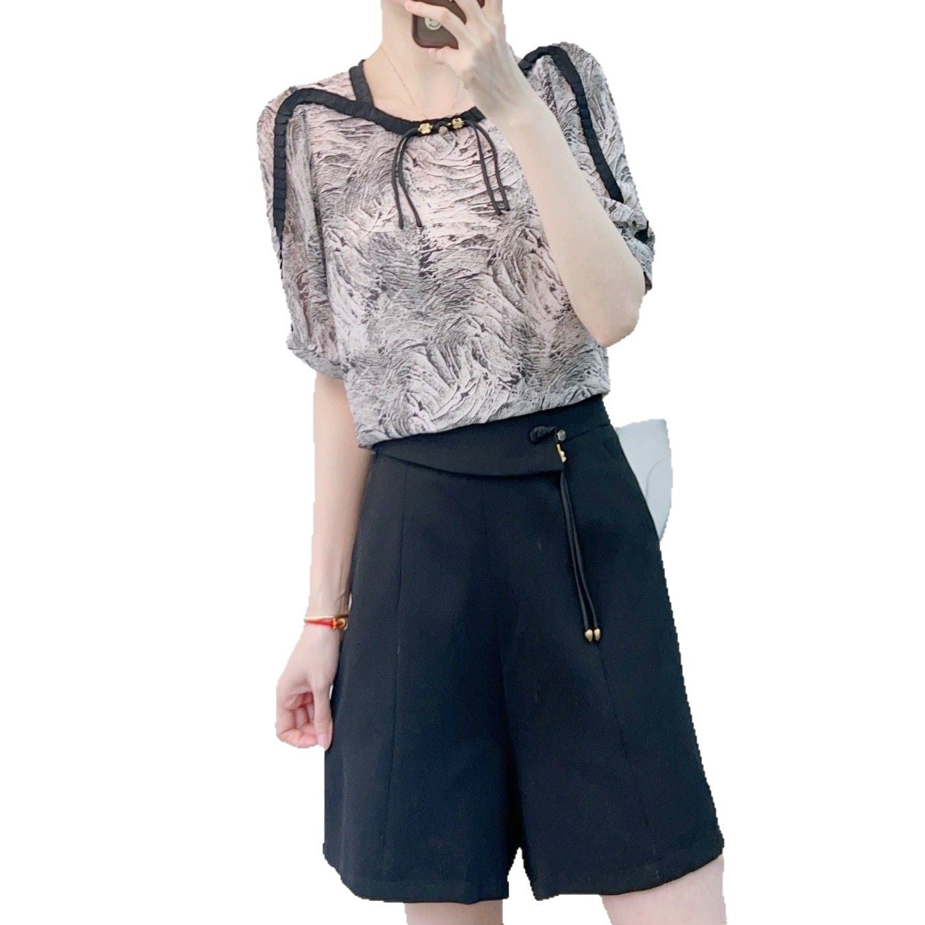 Dame Elegant Bluse med kunstnerisk mønster og stilfuld snor Stilla