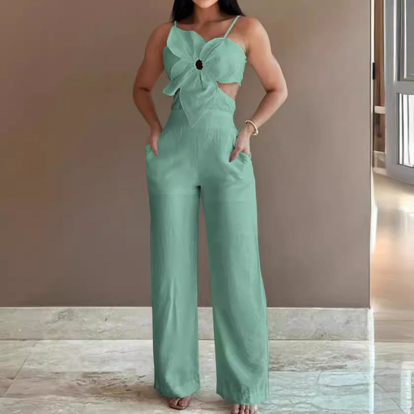 Dame jumpsuit med floral cut-out og brede ben Stilla