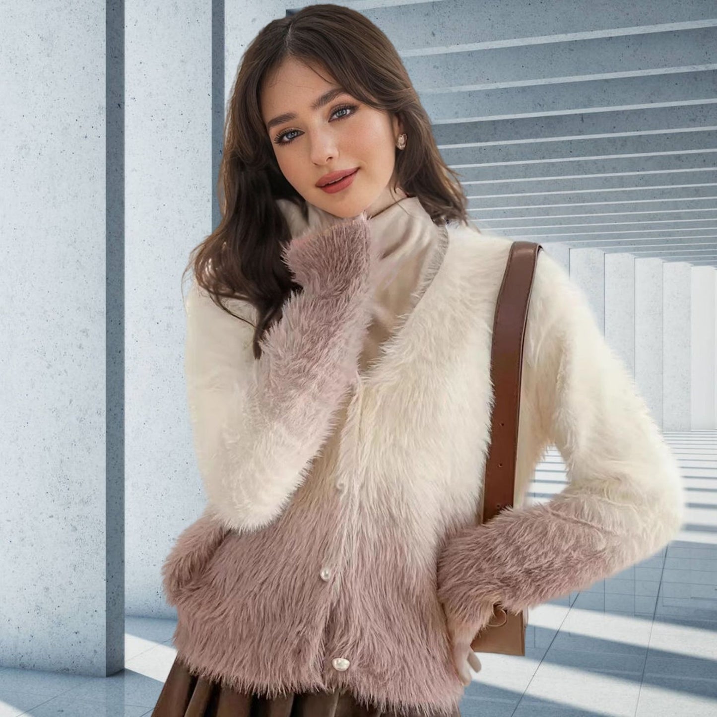 Dame moderigtig strikcardigan med elegant kunstpels og knaplukning Stilla