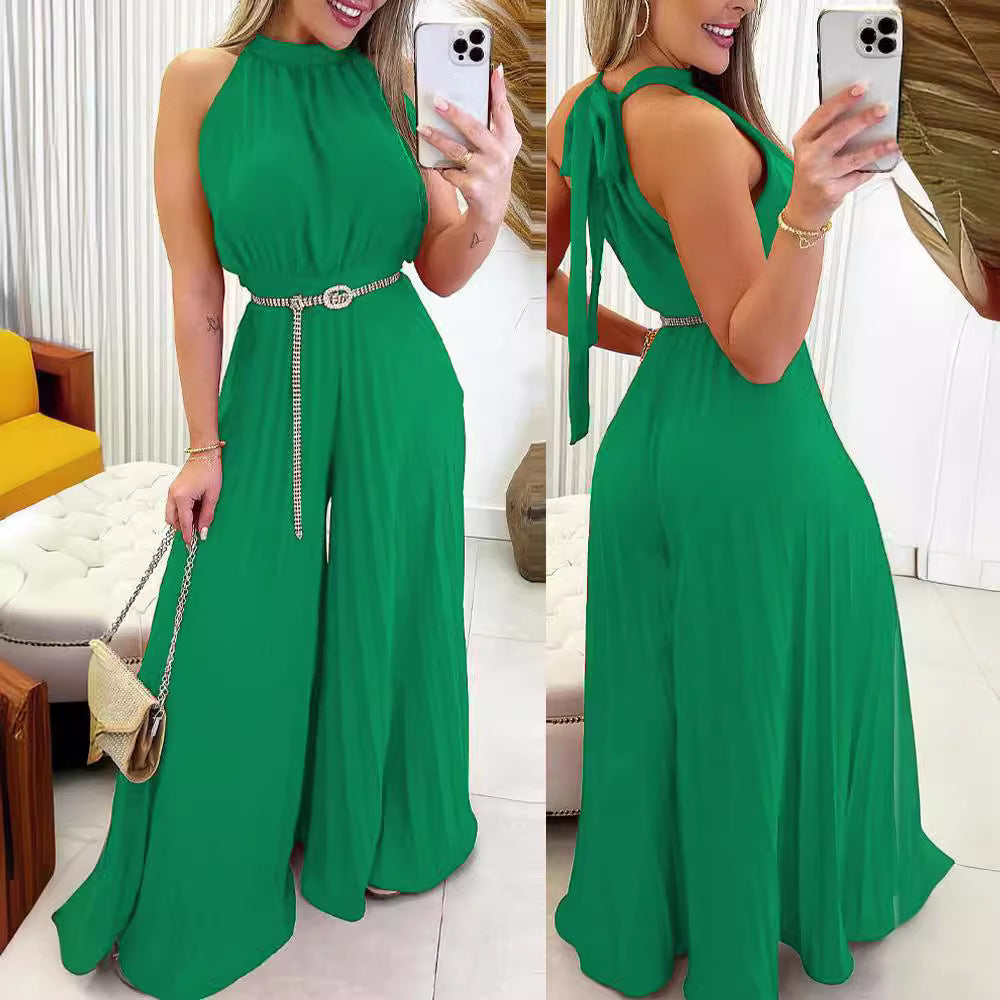 Dame Elegant Jumpsuit med bredt ben og taljebælte Stilla