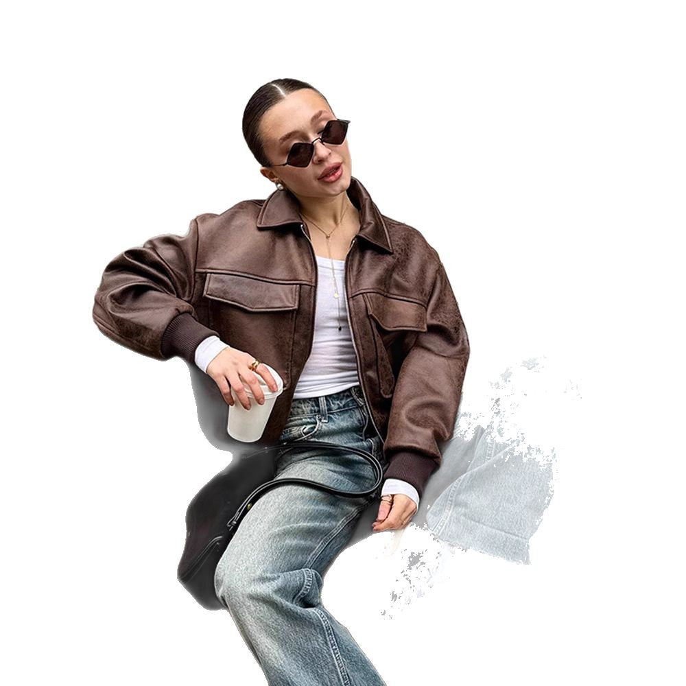 Dame cropped kunstlæderjakke med lommer Stilla