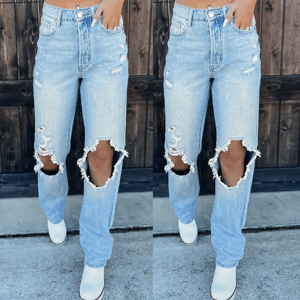 Dame løse jeans med fashionable vaskede og ødelagte effekter Stilla