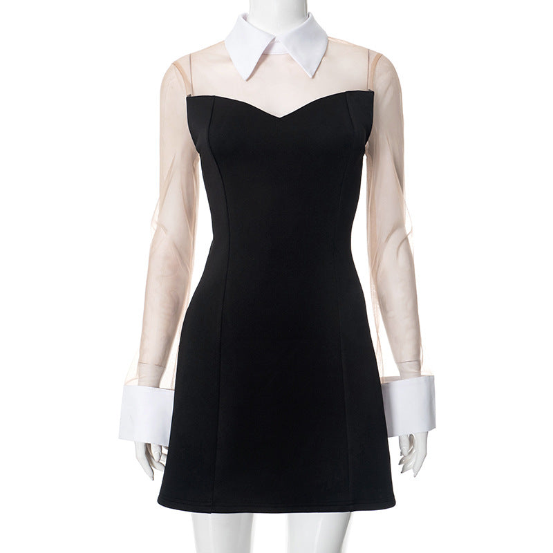 Dame elegant kjole med transparente ærmer og krave Stilla