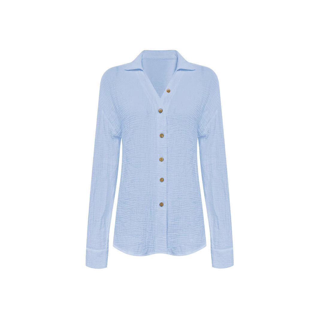 Lys struktureret button-up bluse til damer med bundet frontbånd Stilla