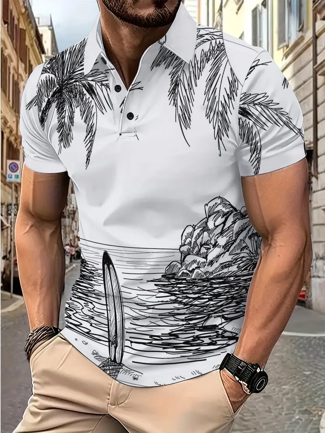 Herre polo shirt med kreativt surfer- og palmemotiv Stilla