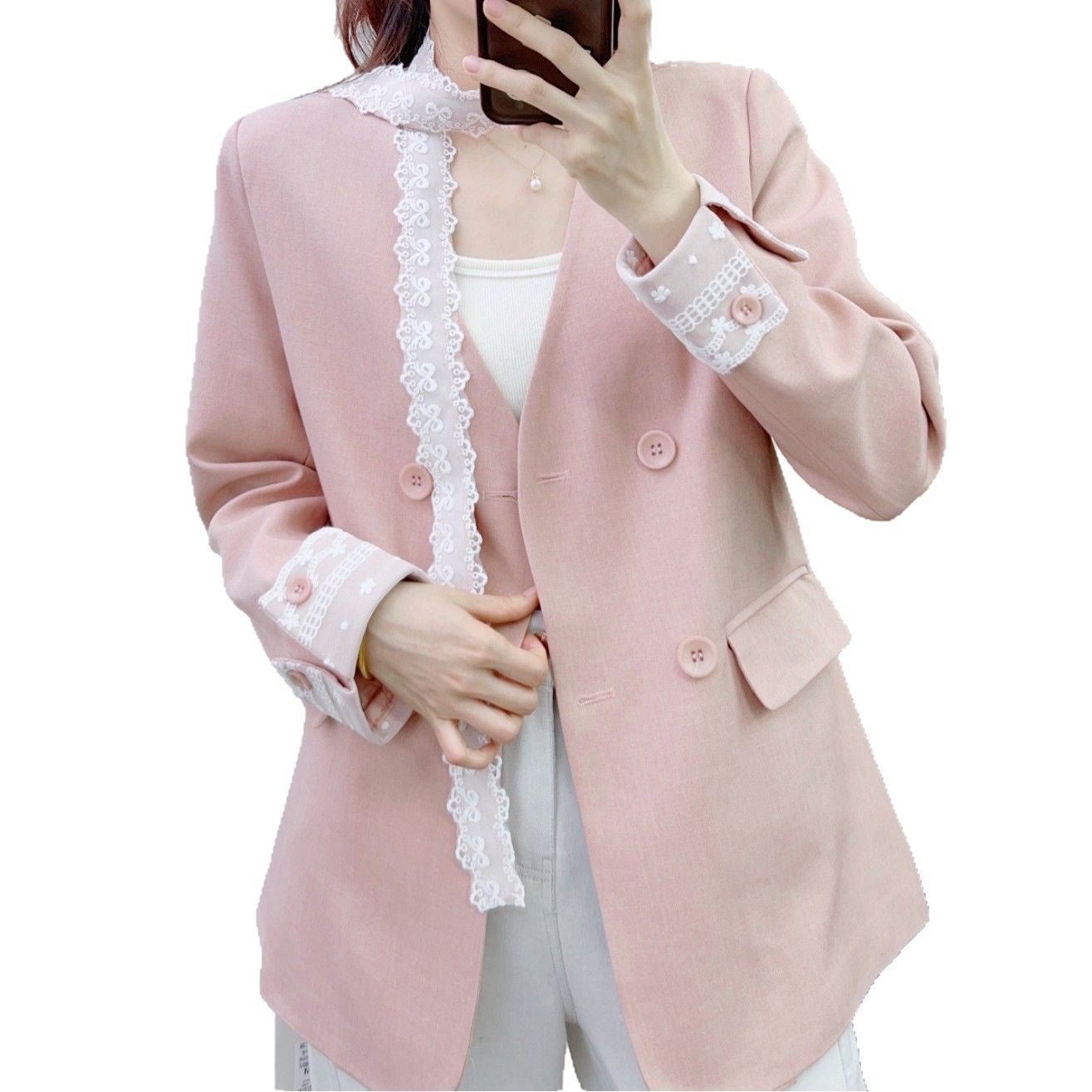 Damer Elegant Dobbeltbrystet Blazer med Spidsdetaljer og Kunstneriske Knapdetaljer Stilla