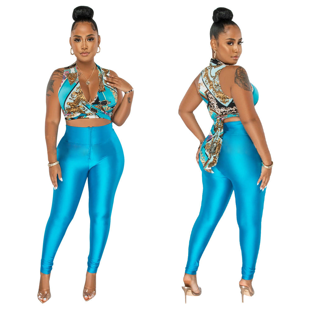 Dame Crop Top og Høj taljede Leggings Sæt med elegant trykdesign Stilla