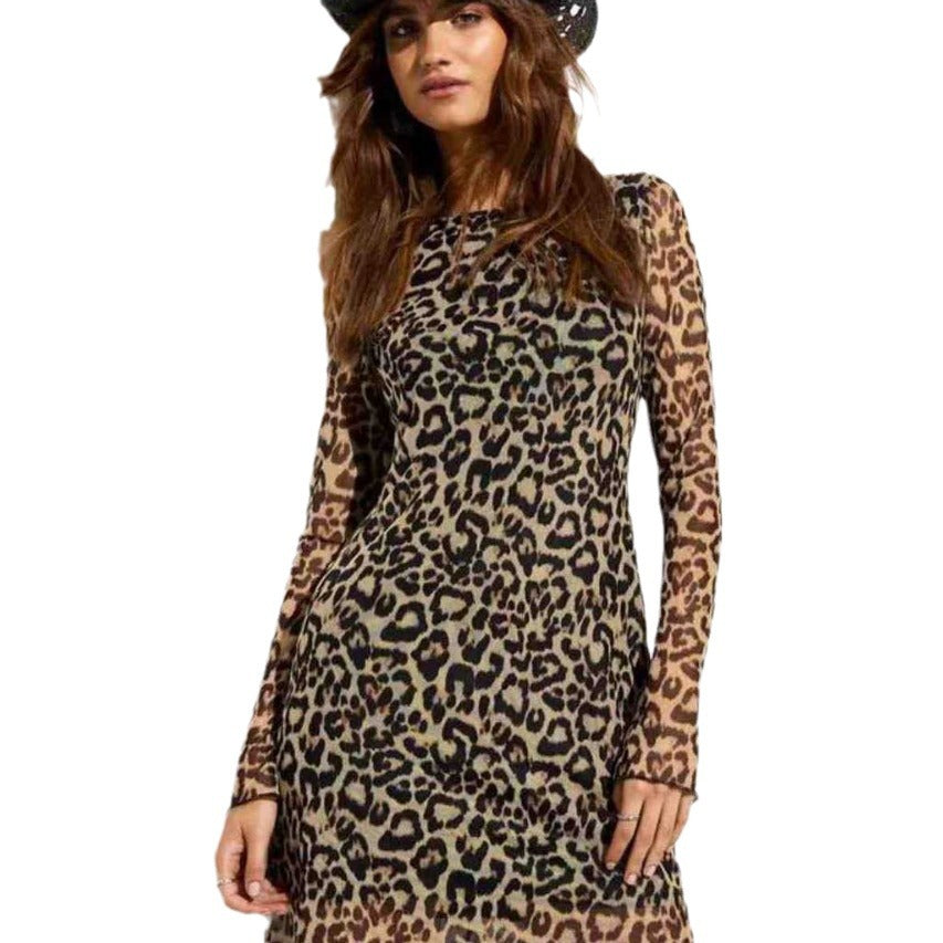 Dame dyreprint langærmet kjole med kropsnær silhuet og vid skæring Stilla