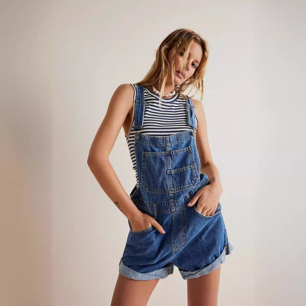 Dame Casual Denim Overalls med funktionelle lommer og justerbare stropper Stilla