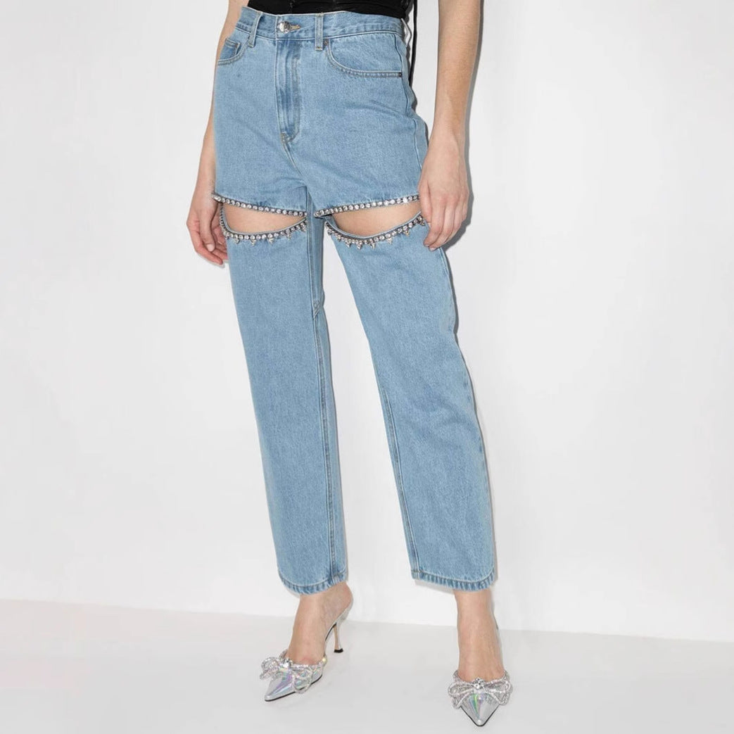 Damejeans med dekorative cut-outs og strasspynt Stilla