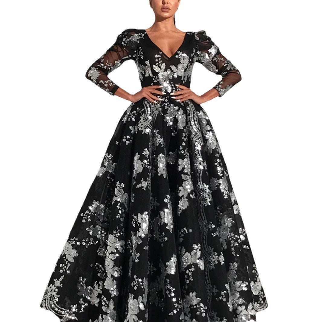 Dame Elegant Ballkjole med blomster mønstre og gennemsigtige ærmer Stilla