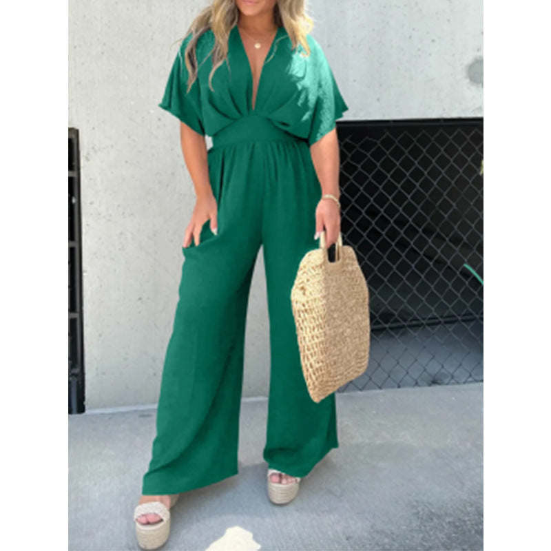 Dame elegant jumpsuit med bred ben og dyb V-udskæring Stilla