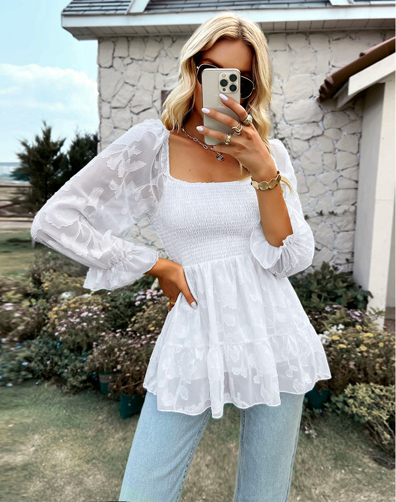 Stilla | Elegant U Hals Langærmet Blonde Top Bluse