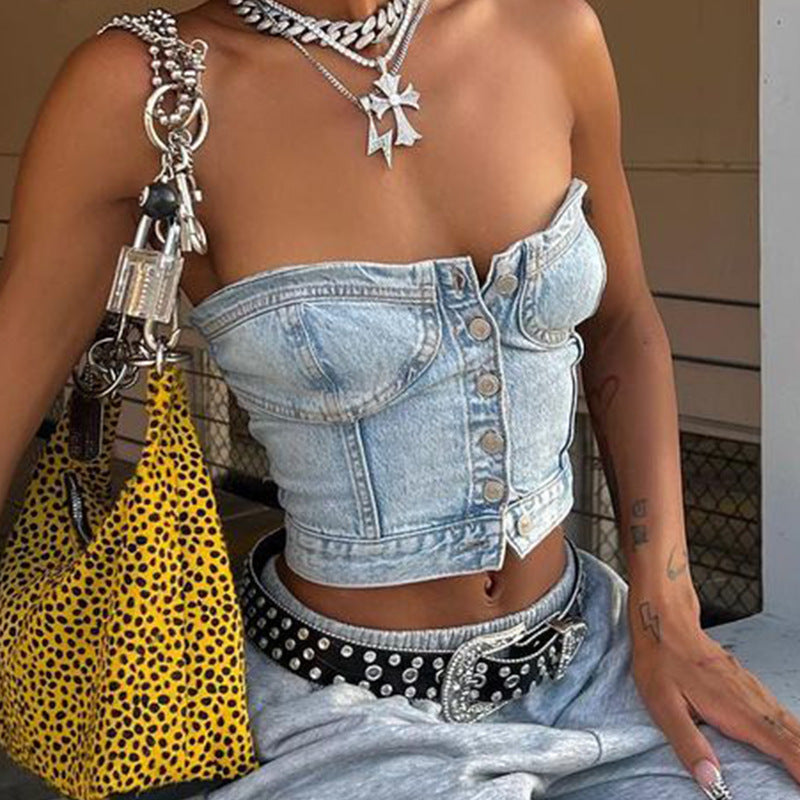 Dame afslappet cropped jeansjakke med strikket oversized ærme Stilla
